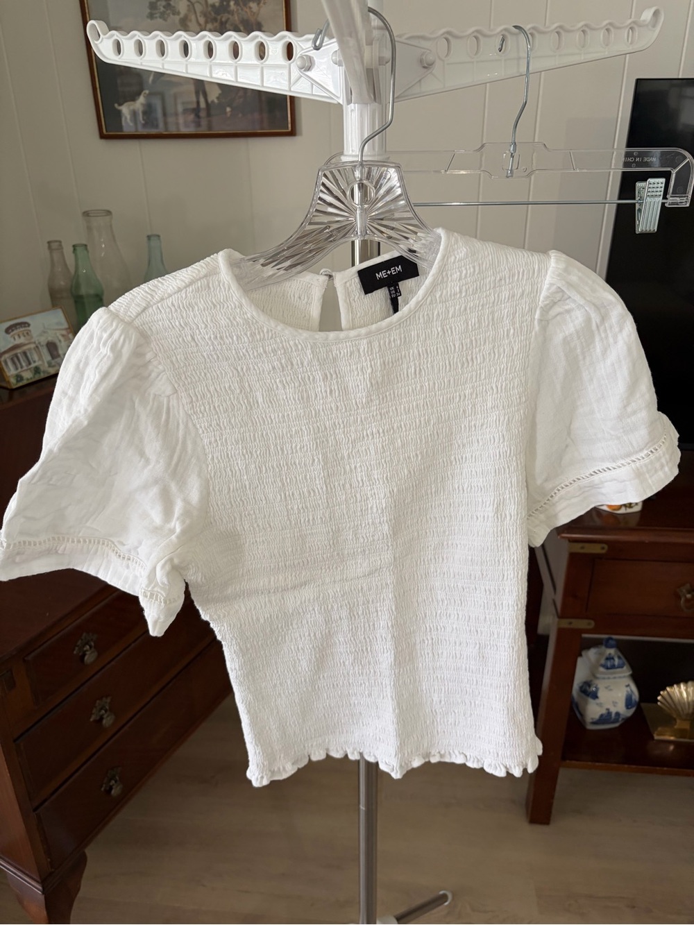ME+EM Cream White Textured Puff Sleeve Top